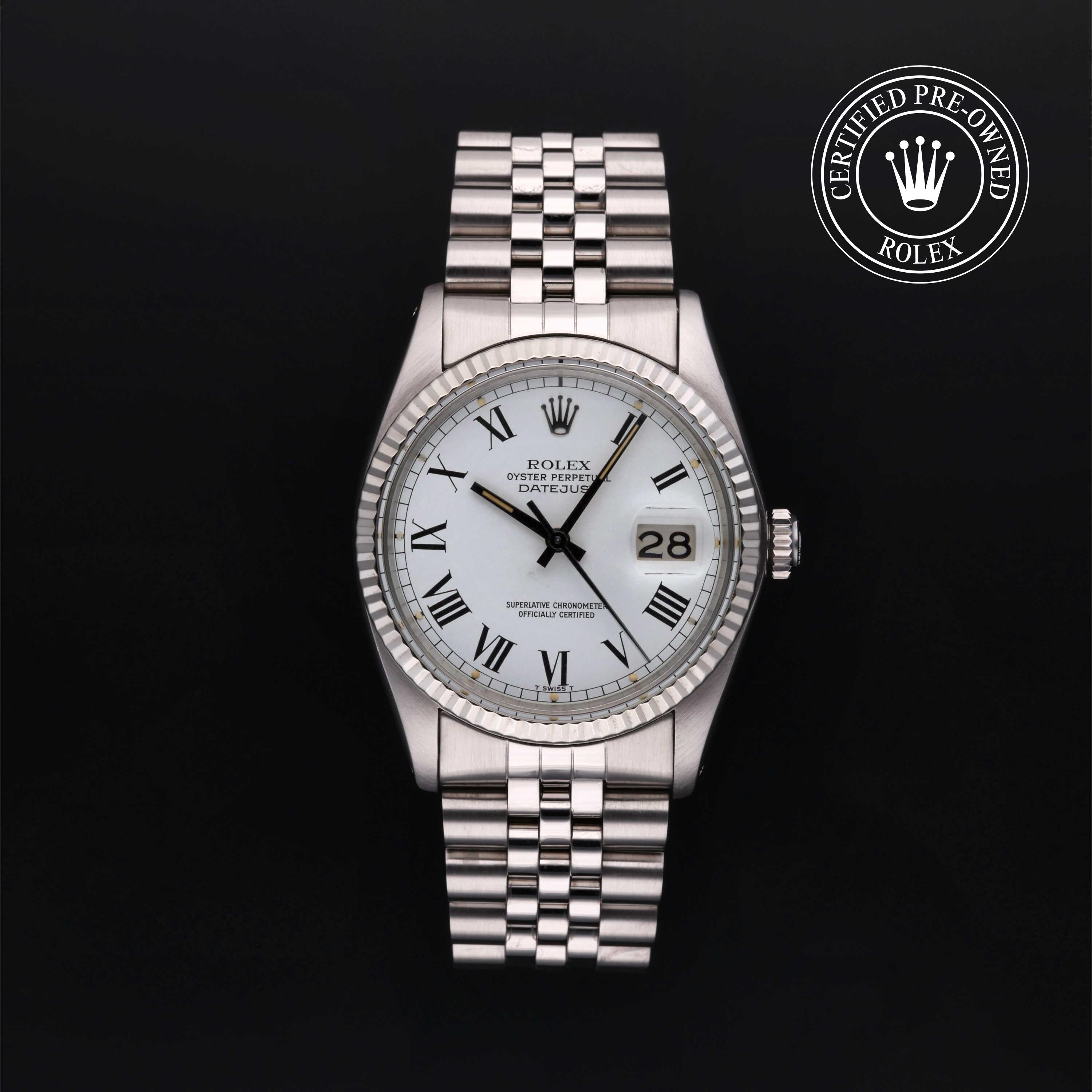Rolex Datejust wristwatch with a silver stainless steel Oyster bracelet, fluted bezel, and white dial with black Roman numerals. A 'Certified Pre-Owned Rolex' badge is visible in the top right corner against a solid black background.