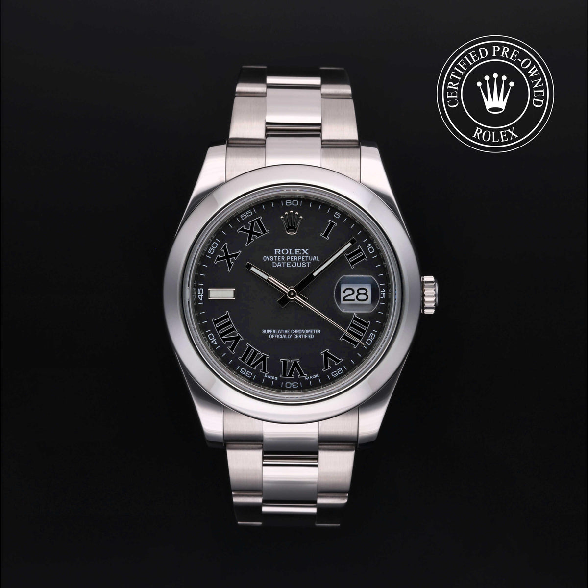 A Rolex Oyster Perpetual watch with a stainless steel Oyster bracelet and a dark gray dial with Roman numerals, shown against a black background with a 'Certified Pre-Owned Rolex' emblem in the top right corner.