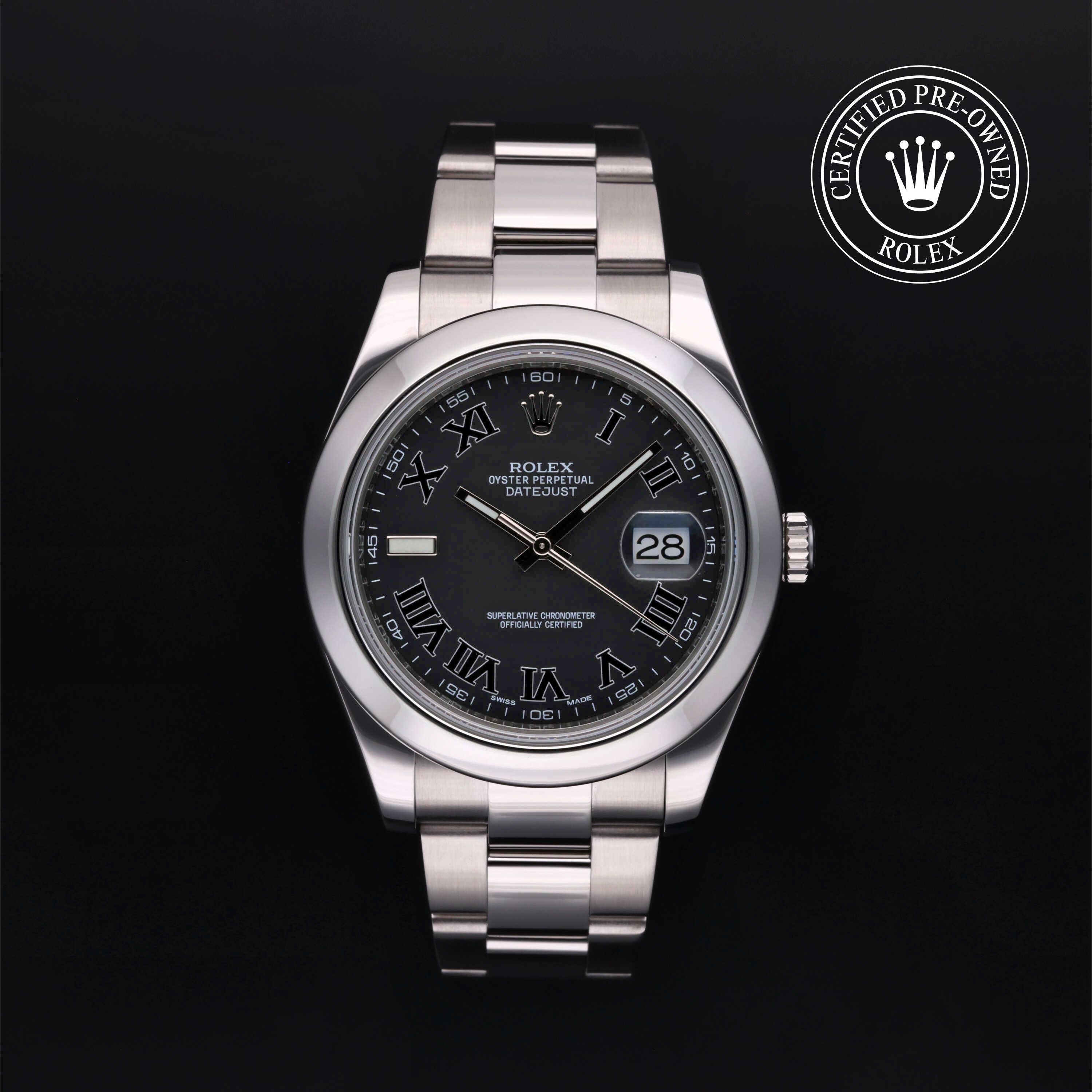 A Rolex Oyster Perpetual watch with a stainless steel Oyster bracelet and a dark gray dial with Roman numerals, shown against a black background with a 'Certified Pre-Owned Rolex' emblem in the top right corner.