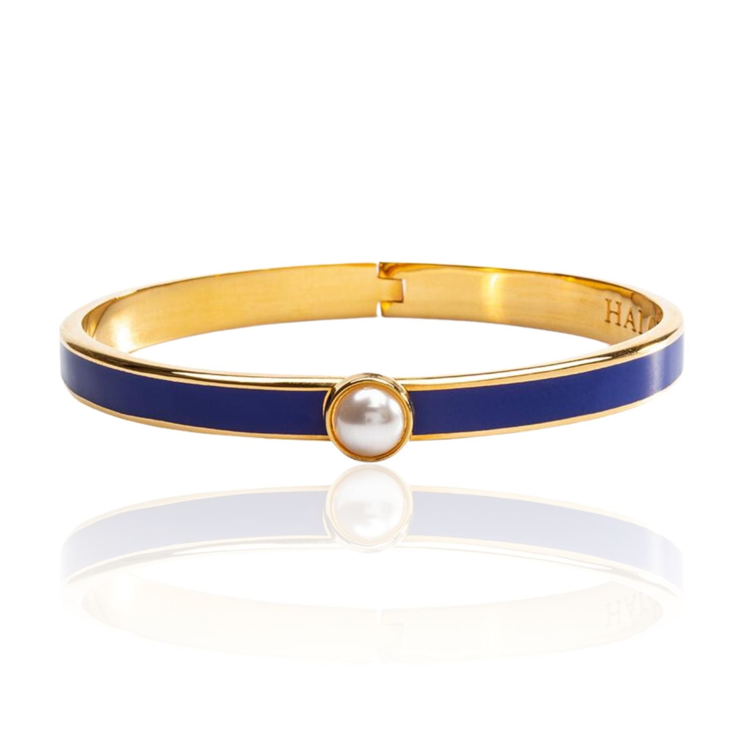 Halcyon Days 18k yellow gold plated 6mm skinny cobalt enameled hinged bangle bracelet with single cabochon pearl