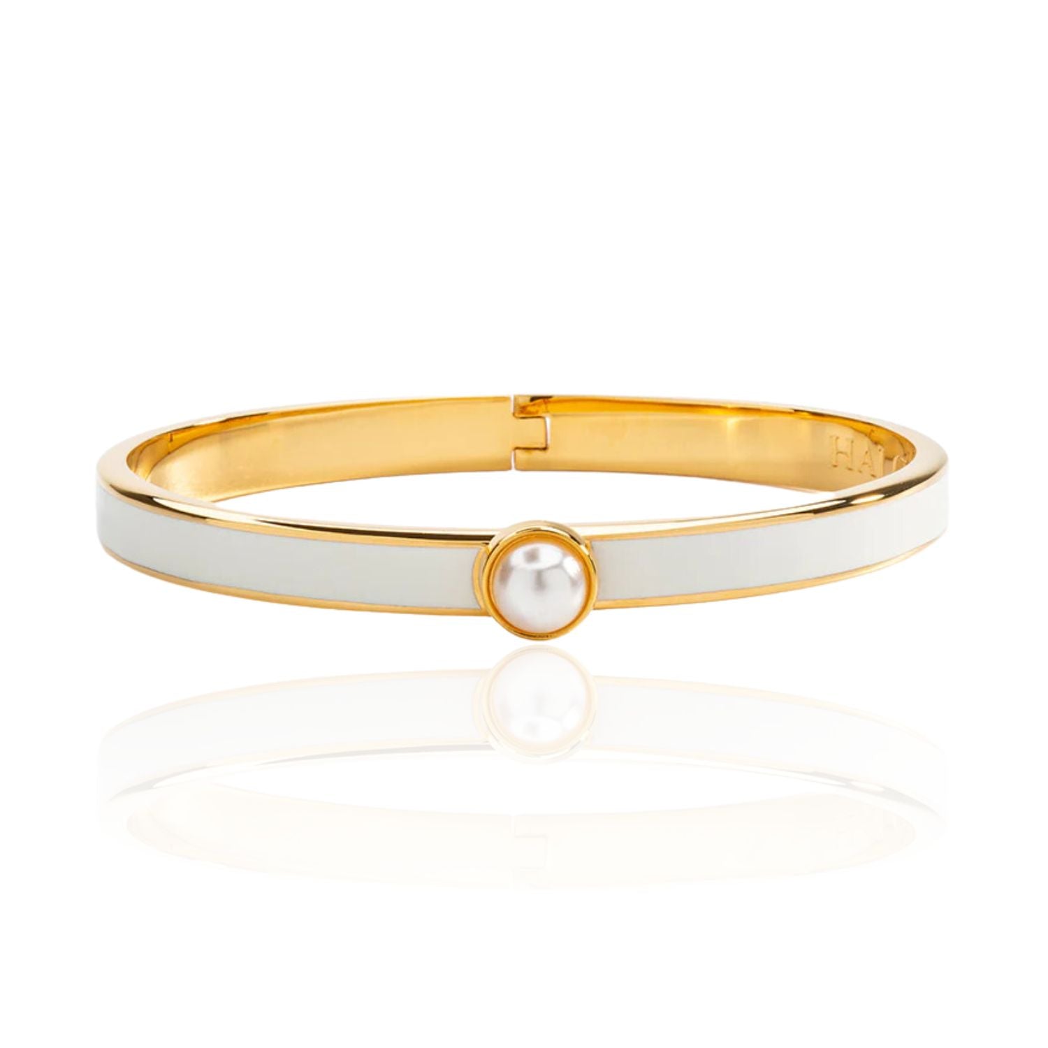 HALCYON DAYS 18K YELLOW GOLD PLATED 6MM SKINNY CREAM ENAMELED BANGLE BRACELET WITH PEARL