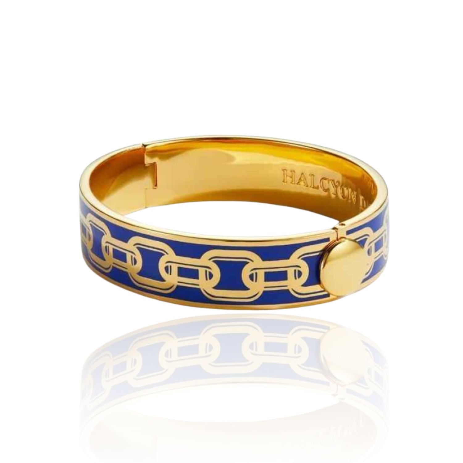 Halcyon Days 18k yellow gold plated 13mm chain deep cobalt enameled hinged bangle bracelet