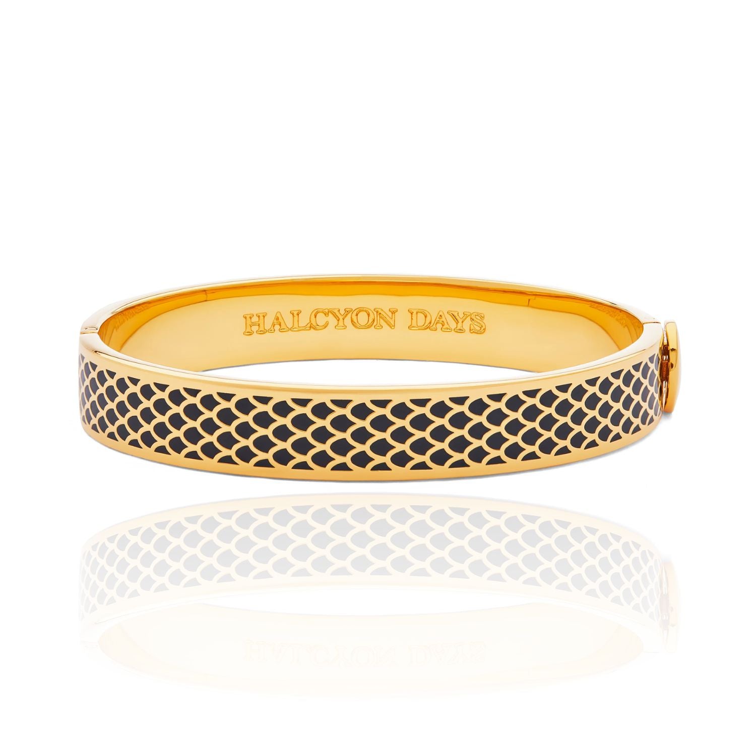 Halcyon Days 18K yellow gold plated 10mm salamander black enameled hinged bangle bracelet