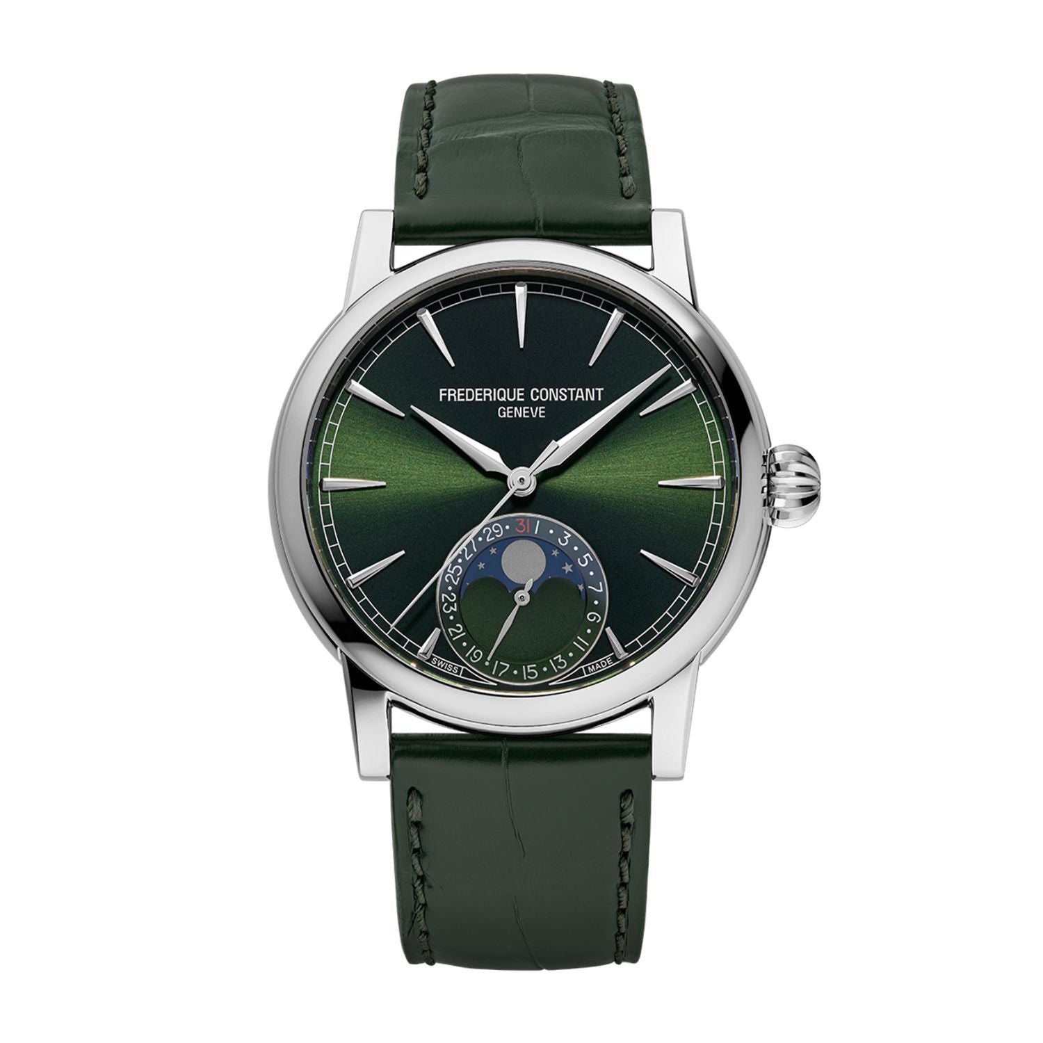 40MM FREDERIQUE CONSTANT CLASSIC MOONPHASE DATE AUTOMATIC WATCH WITH GREEN DIAL AND GREEN LEATHER STRAP