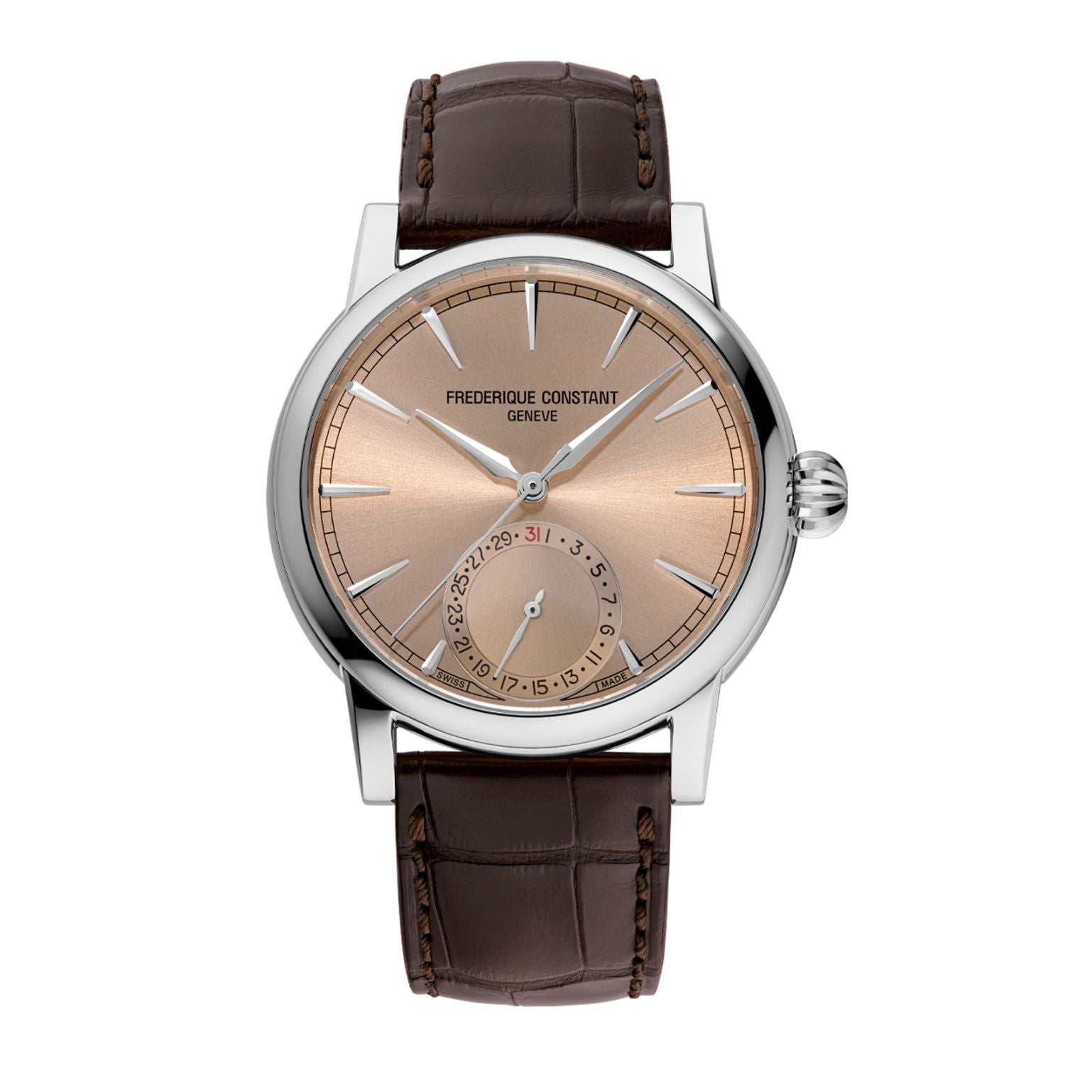 40MM FREDERIQUE MANUFACTURE CLASSIC DATE AUTOMATIC WATCH WITH BRASS SALMON DIAL AND LEATHER STRAP