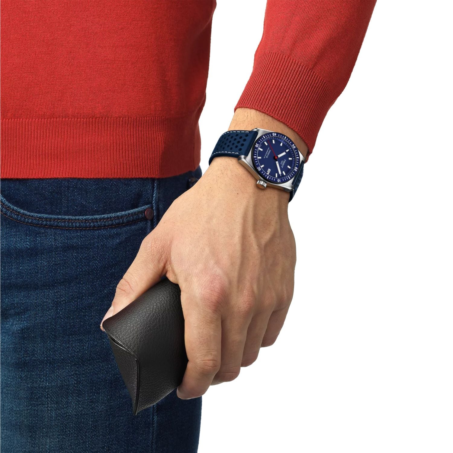 38MM TISSOT PR516 POWERMATIC WATCH WITH BLUE DIAL AND LEATHER STRAP