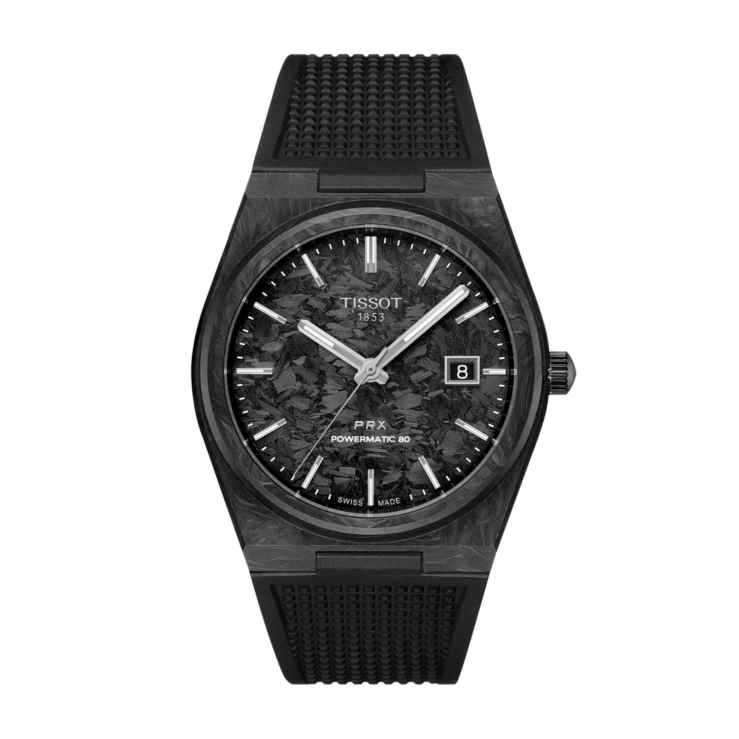 40.5MM TISSOT PRX POWERMATIC 80 AUTOMATIC WATCH WITH BLACK CAMO DIAL