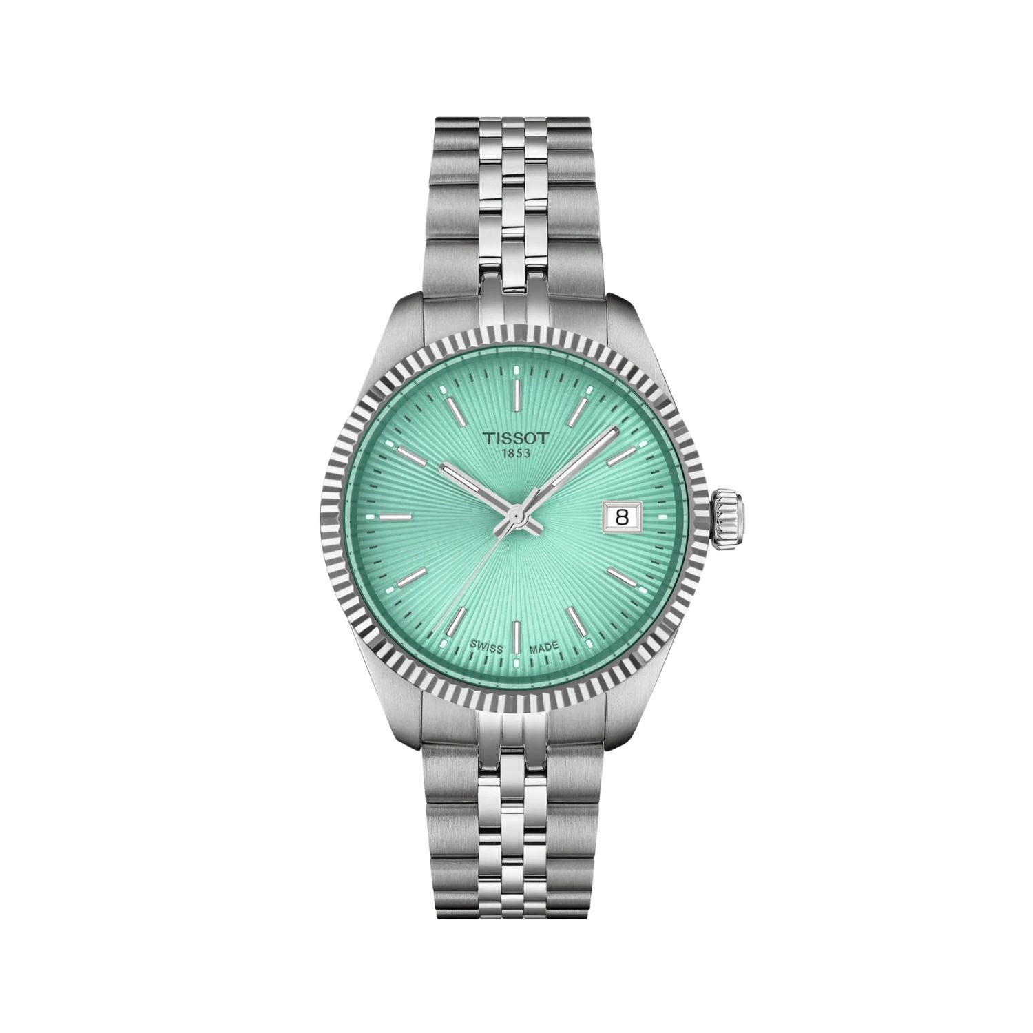 34MM TISSOT BALLADE QUARTZ WATCH WITH LIGHT GREEN DATE DIAL AND FLUTED BEZEL