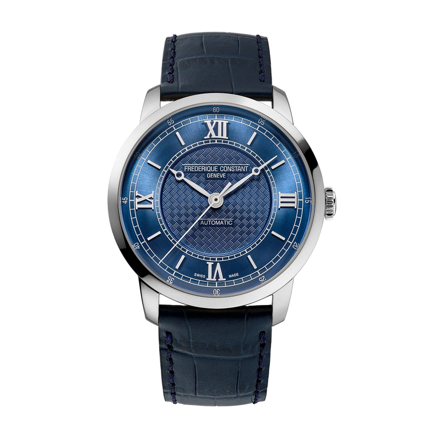 38.5MM FREDERIQUE CONSTANT CLASSICS PREMIERE AUTOMATIC WATCH WITH BLUE ROMAN DIAL AND LEATHER STRAP