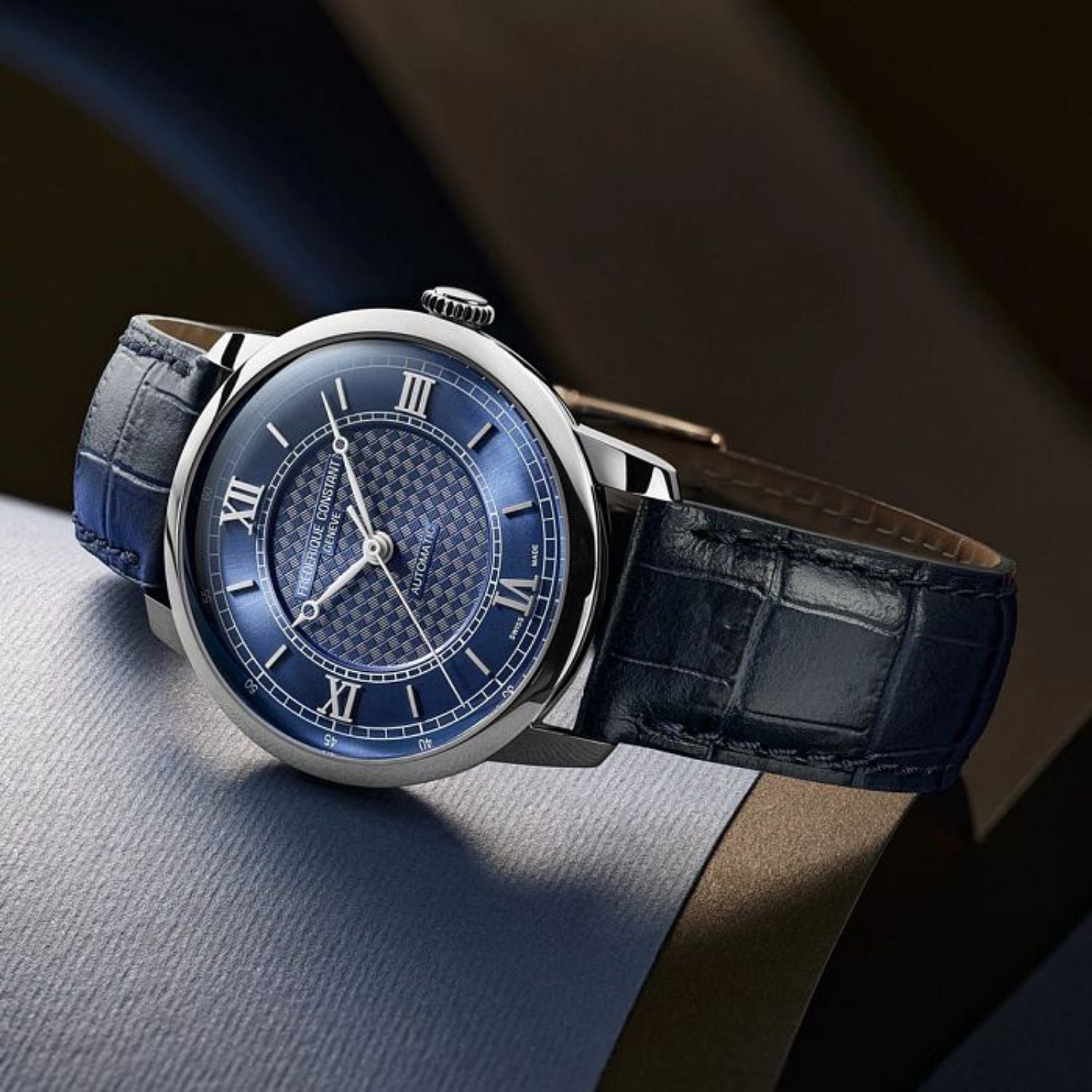 38.5MM FREDERIQUE CONSTANT CLASSICS PREMIERE AUTOMATIC WATCH WITH BLUE ROMAN DIAL AND LEATHER STRAP