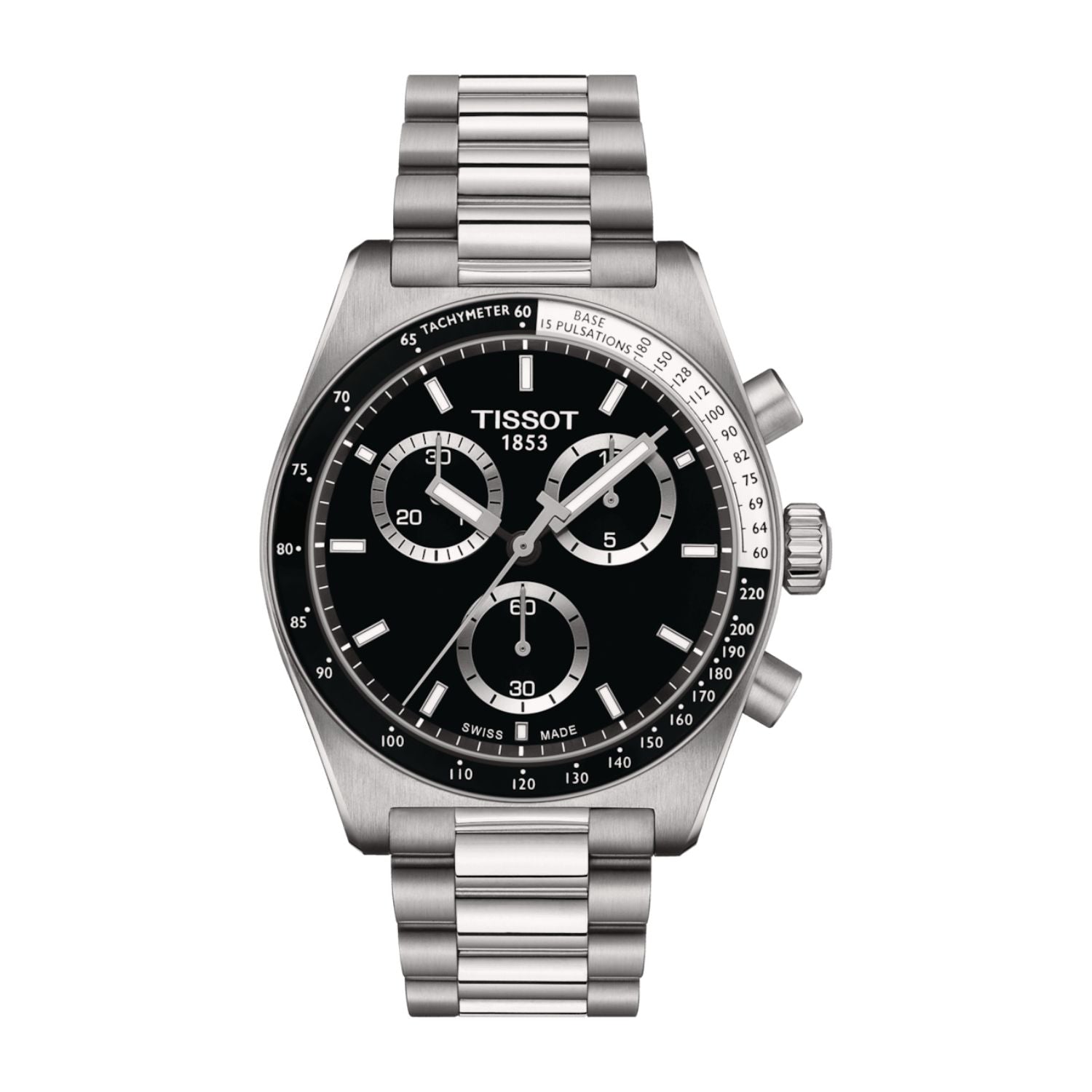40MM TISSOT PR516 QUARTZ CHRONOGRAPH WATCH WITH BLACK DIAL AND BLACK AND WHITE TACHYMETER BEZEL