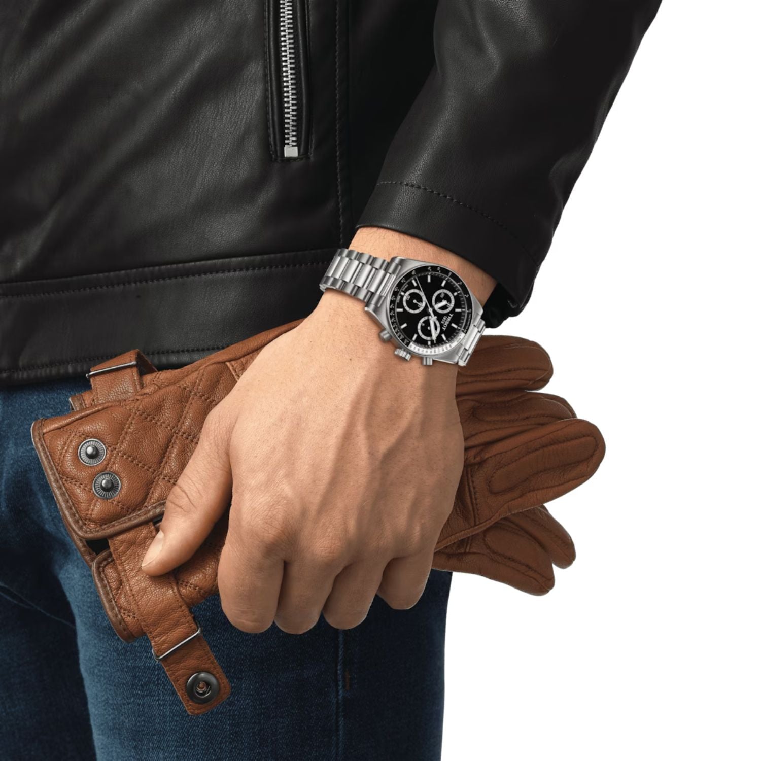 40MM TISSOT PR516 QUARTZ CHRONOGRAPH WATCH WITH BLACK DIAL AND BLACK AND WHITE TACHYMETER BEZEL