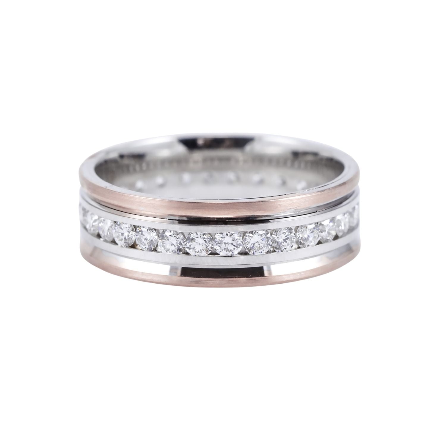 14K WHITE GOLD COMFORT FIT WEDDING BAND WITH CHANNEL-SET DIAMONDS 1.35CTW WITH 14K ROSE GOLD EDGES