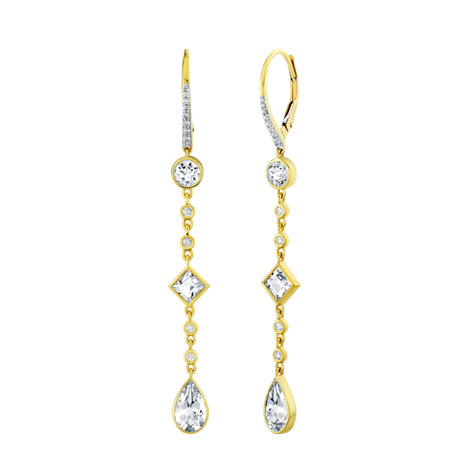 SLOANE STREET 18K YELLOW GOLD MIXED FANCY SHAPE WHITE TOPAZ AND DIAMOND DROP EARRINGS