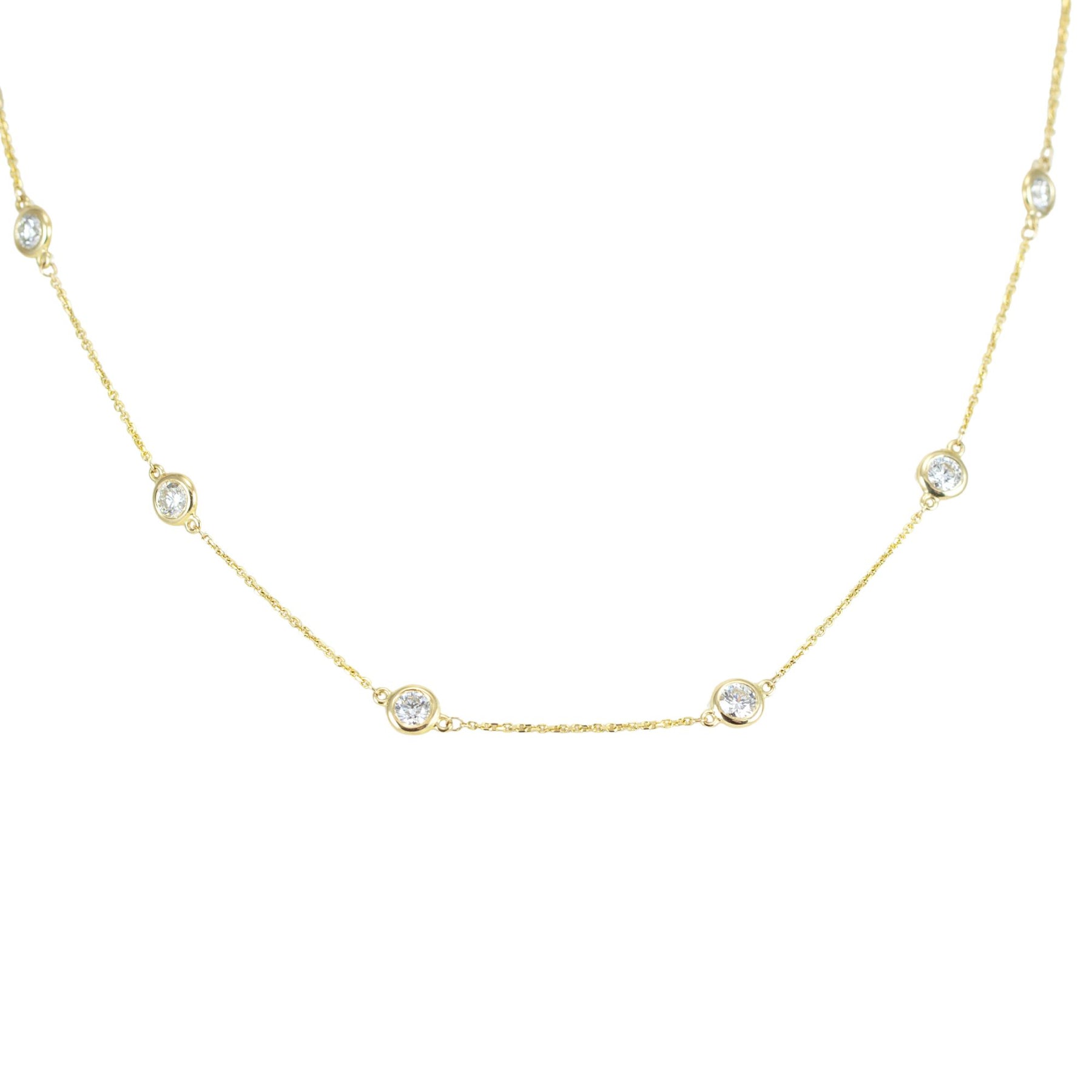 14K yellow gold 18-inch bezel set diamonds-by-the-yard cable chain necklace containing 12 round diamonds totaling-2.58ct 