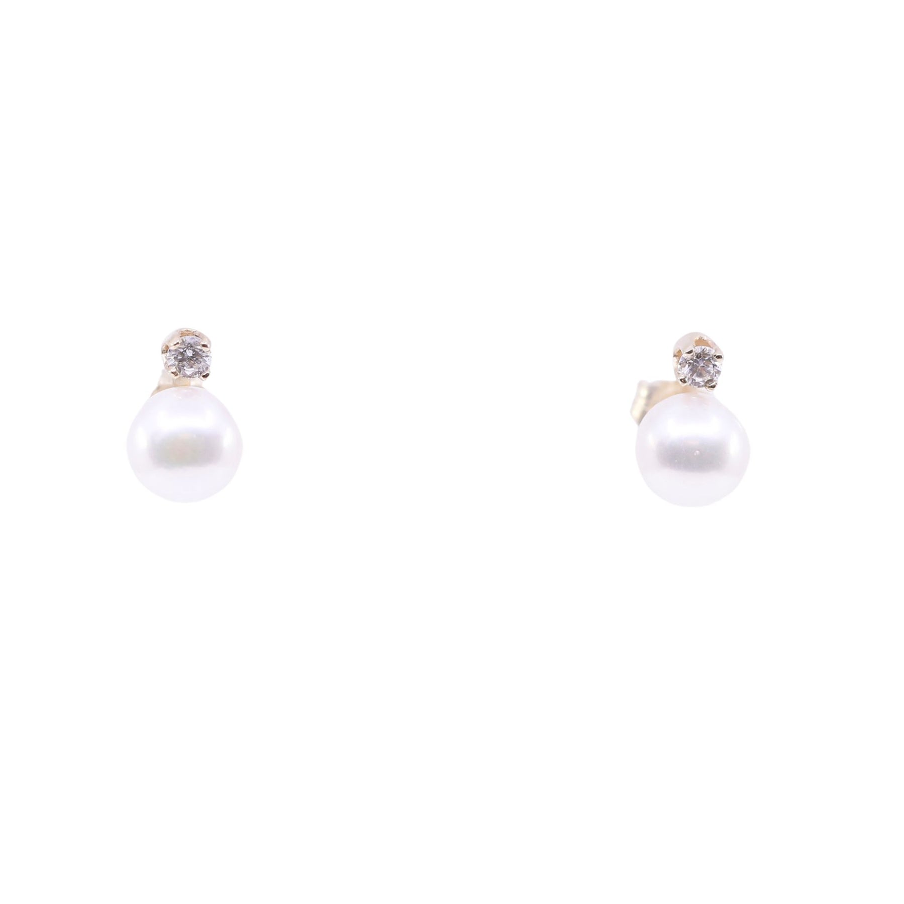 14K YELLOW GOLD CULTURED PEARL AND DIAMOND STUD EARRINGS 0.15CTW