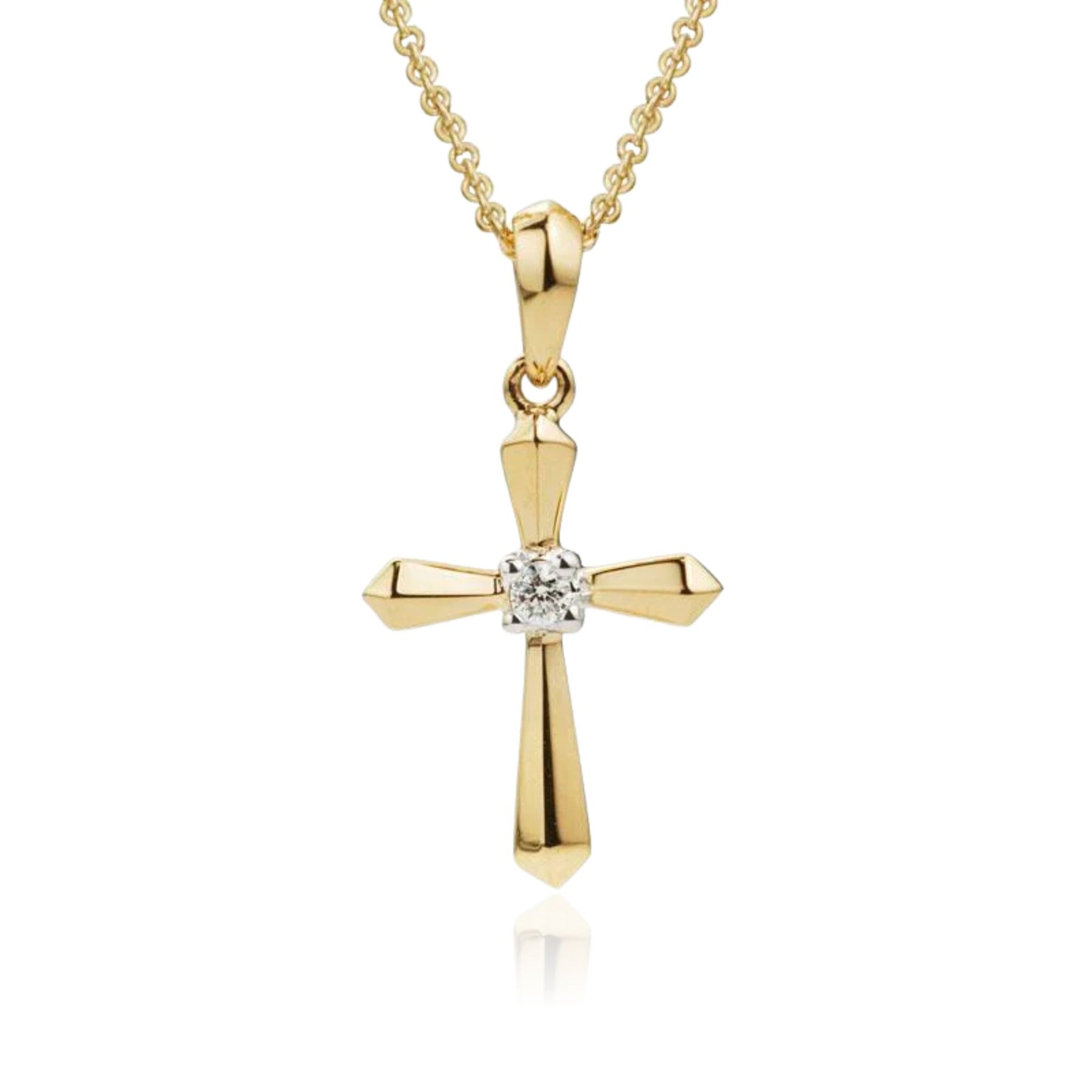 14K YELLOW GOLD 10MM CROSS PENDANT NECKLACE WITH BEVELED EDGE AND DIAMOND ACCENT
