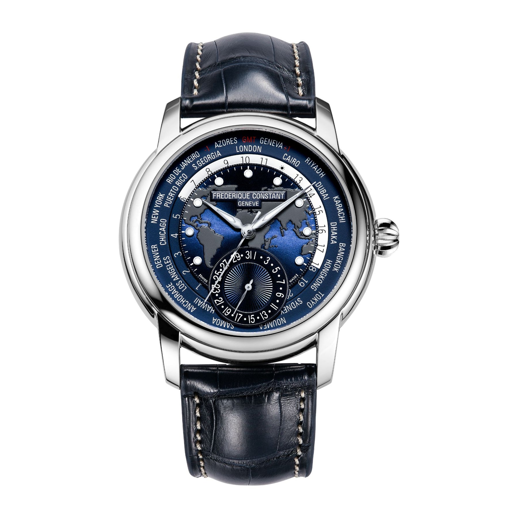 42MM FREDERIQUE CONSTANT CLASSIC WORLDTIMER AUTOMATIC WATCH WITH NAVY BLUE WORLD TIME DIAL