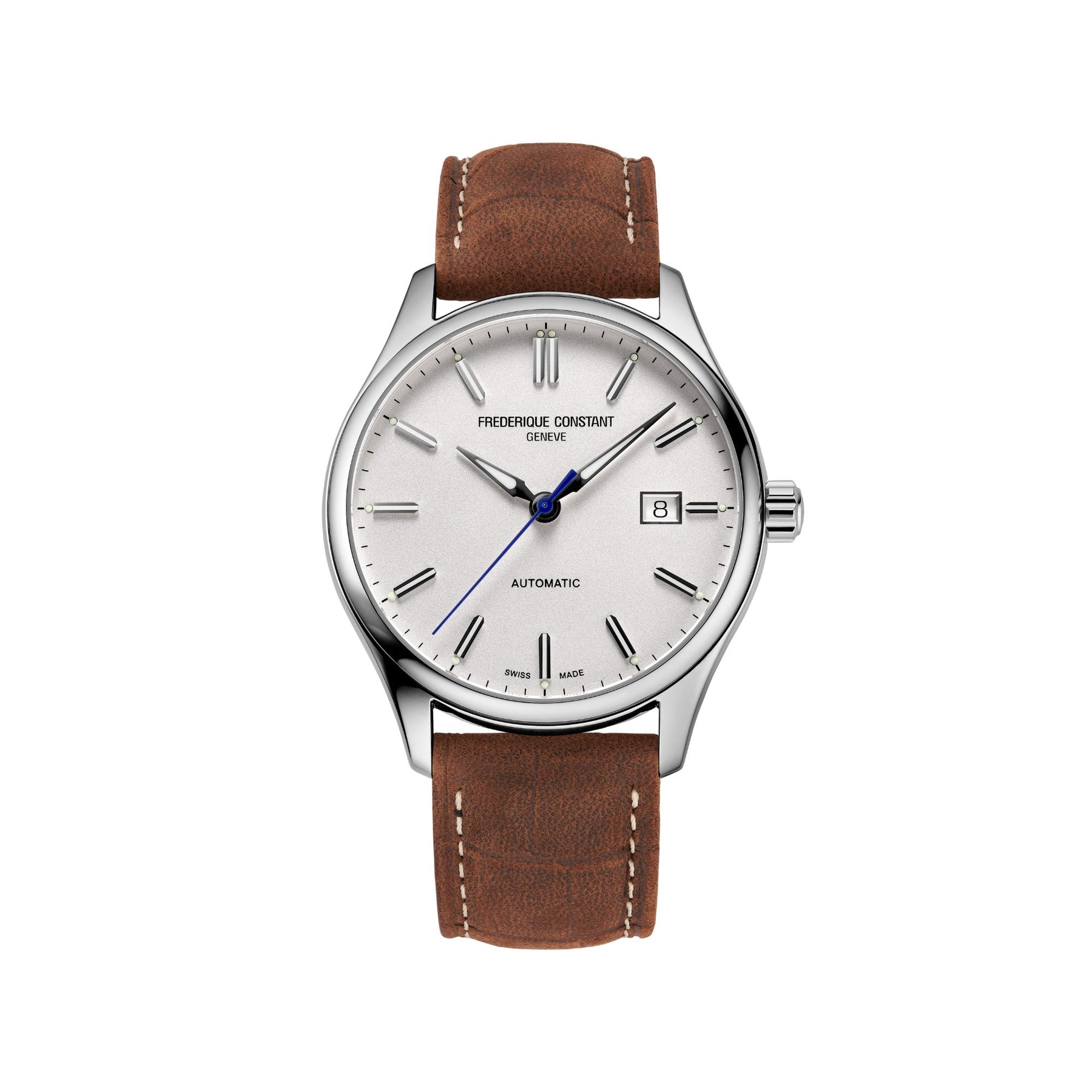 40MM FREDERIQUE CONSTANT CLASSICS INDEX AUTOMATIC WATCH WITH SILVER DATE DIAL AND LEATHER STRAP