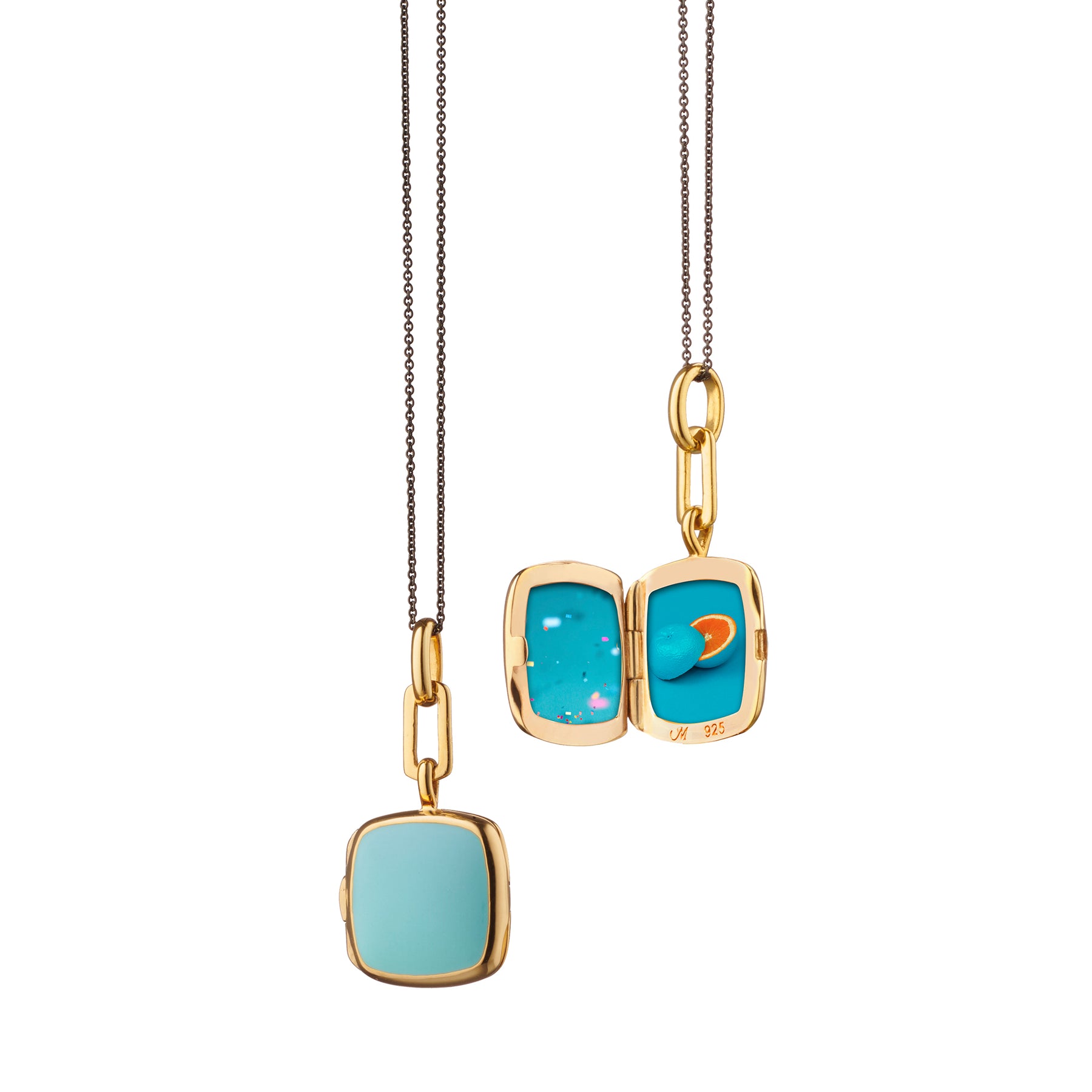 MONICA RICH KOSANN STERLING SILVER AND 18K YELLOW GOLD VERMEIL TURQUOISE ENAMEL CUSHION LOCKET NECKLACE