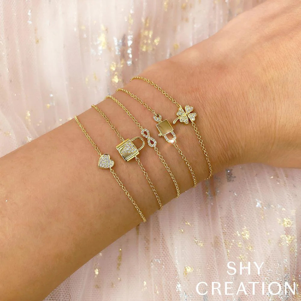 SHY CREATION 14K YELLOW GOLD PAVE HEART CHARM BRACELET 0.04CTW