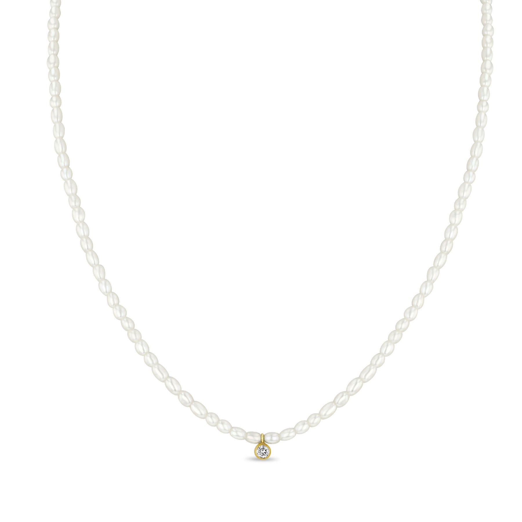 ZOE CHICCO 14K YELLOW GOLD 3MM PEARL BEAD NECKLACE WITH DIAMOND ACCENT
