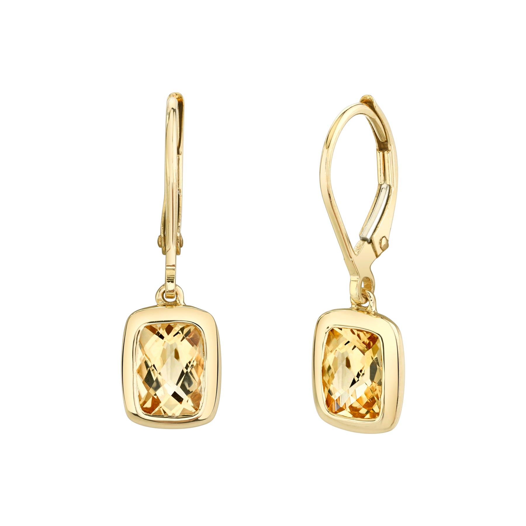 14k yellow cushion cut light citrine leverback earrings weighing-1.46ctw