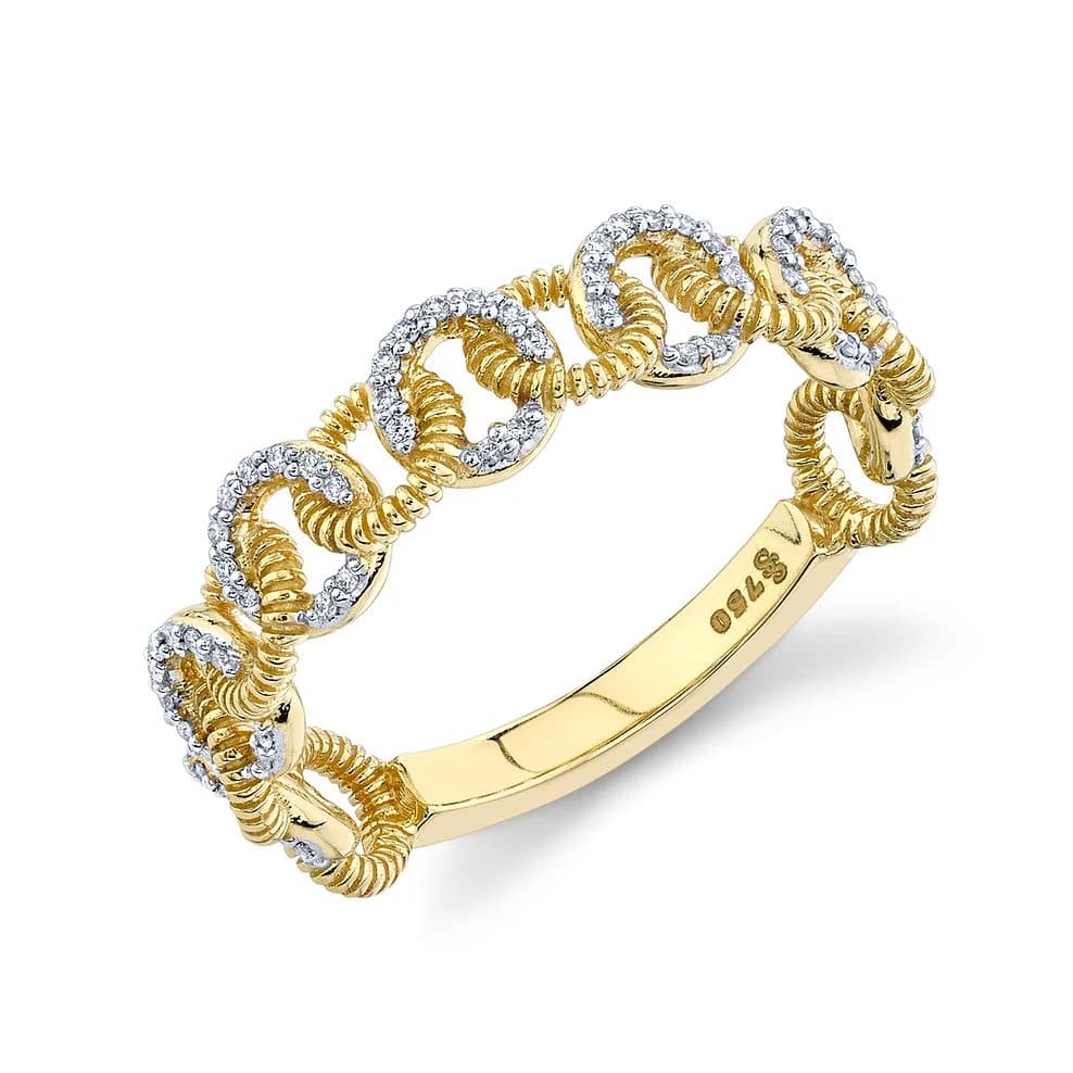 SLOANE STREET 18K YELLOW GOLD STRIE AND PAVE LINK RING
