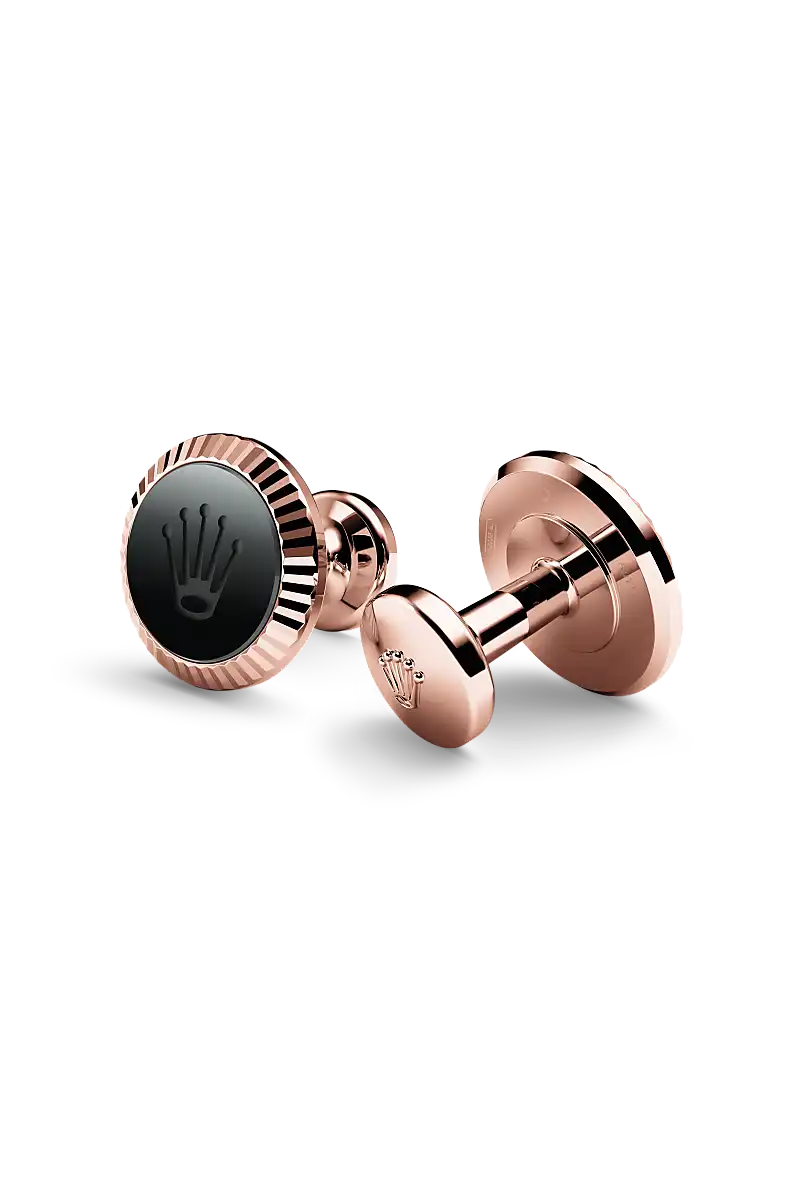 Rolex Fluted' cufflinks in Everose gold and ceramic, A1035 at Henne Jewelers