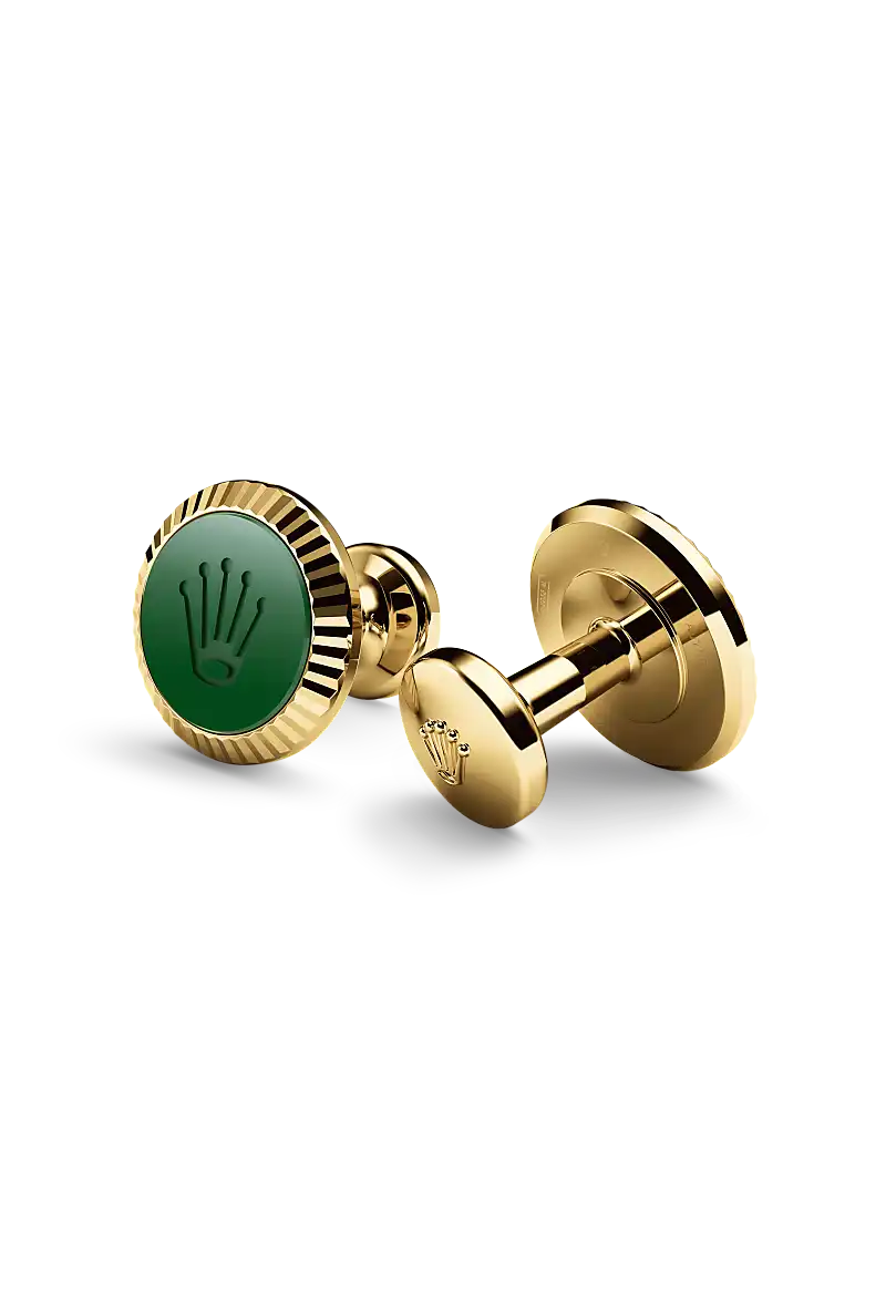 Rolex 'Fluted' cufflinks in Yellow gold and ceramic, A1038 at Henne Jewelers