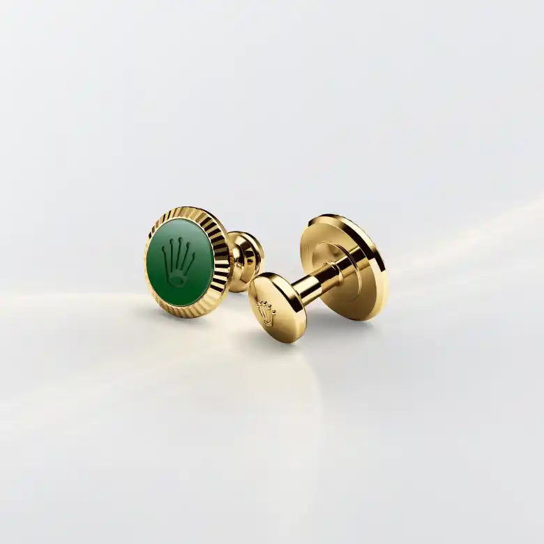 Rolex 'Fluted' cufflinks in Yellow gold and ceramic, A1038 at Henne Jewelers