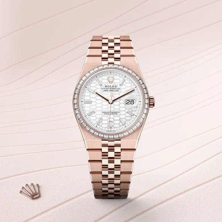 rolex land-dweller in everose gold and diamonds, M127285TBR-0002 - henne jewelers