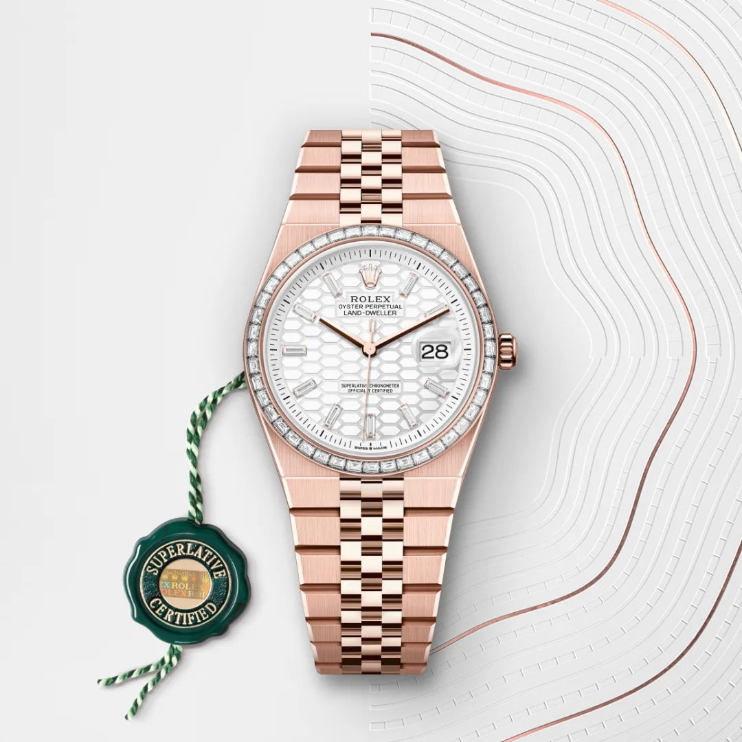 rolex land-dweller in everose gold and diamonds, M127285TBR-0002 - henne jewelers