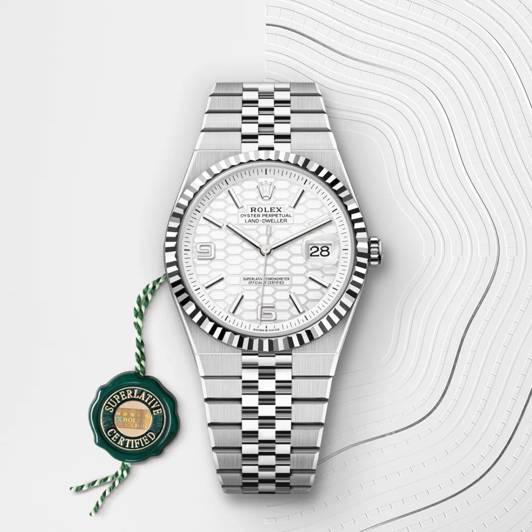rolex land-dweller in oystersteel and white gold, M127334-0001 - henne jewelers