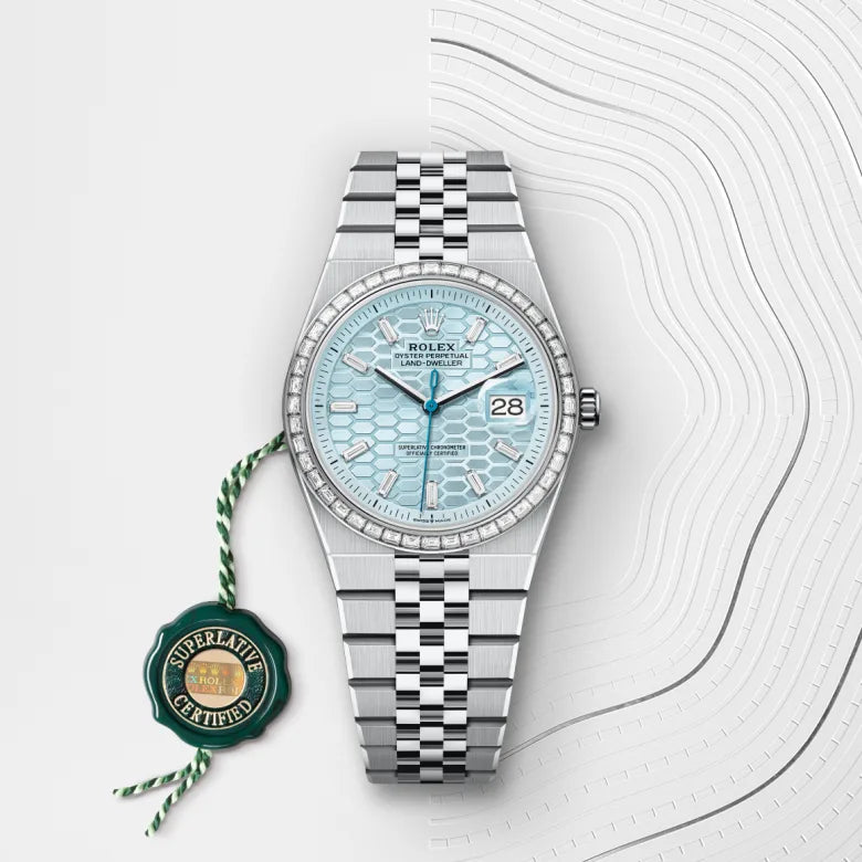 rolex land-dweller in platinum and diamonds, M127286TBR-0001 - henne jewelers