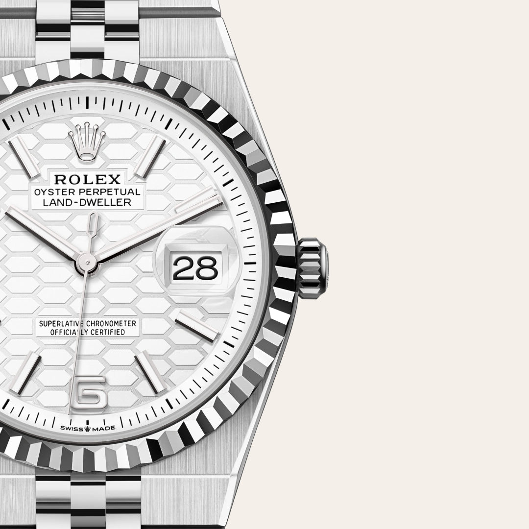 rolex land-dweller in oystersteel and white gold, M127234-0001 - henne jewelers