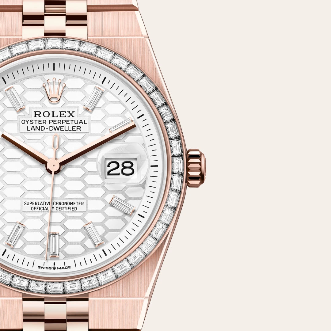 rolex land-dweller in everose gold and diamonds, M127285TBR-0002 - henne jewelers