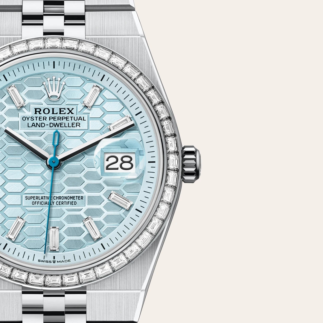 rolex land-dweller in platinum and diamonds, M127286TBR-0001 - henne jewelers