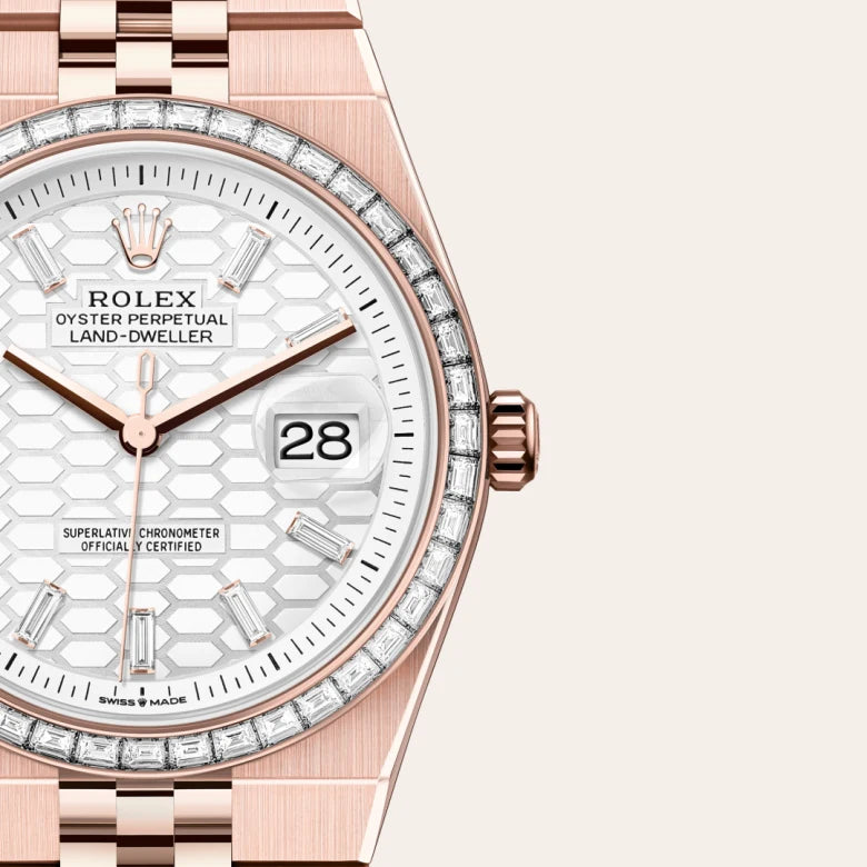 rolex land-dweller in everose gold and diamonds, M127285TBR-0002 - henne jewelers