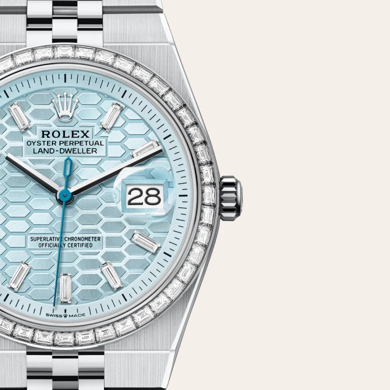 rolex land-dweller in platinum and diamonds, M127286TBR-0001 - henne jewelers