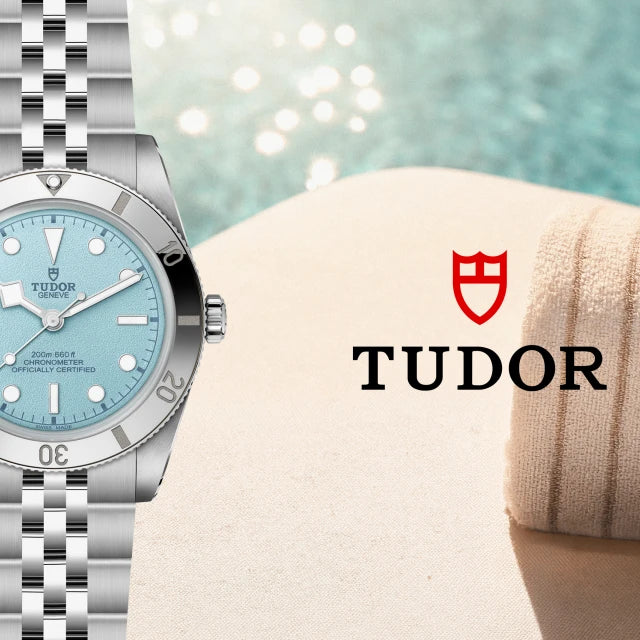 TUDOR Black Bay Lagoon Blue homepage banner with pool background mobile version