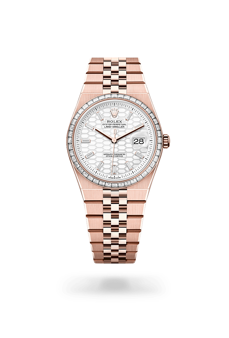 rolex land-dweller in everose gold and diamonds, M127285TBR-0002 - henne jewelers