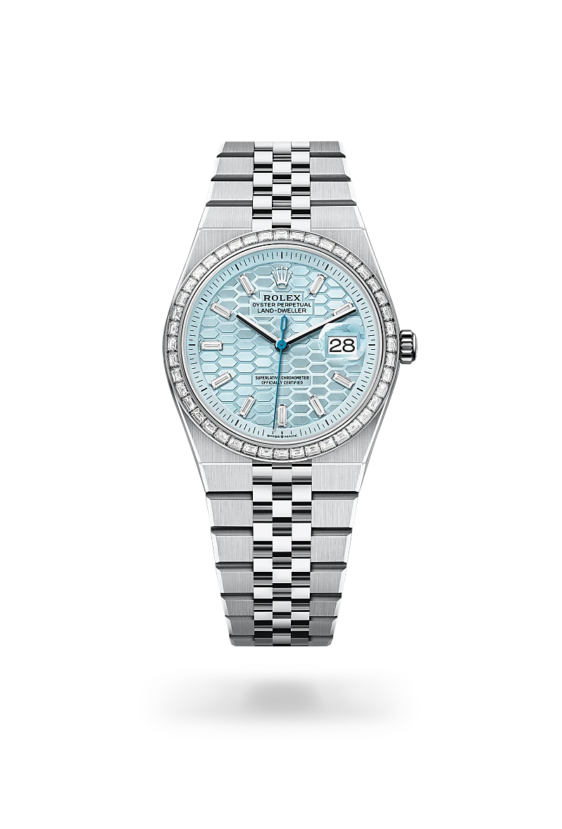 rolex land-dweller in platinum and diamonds, M127286TBR-0001 - henne jewelers