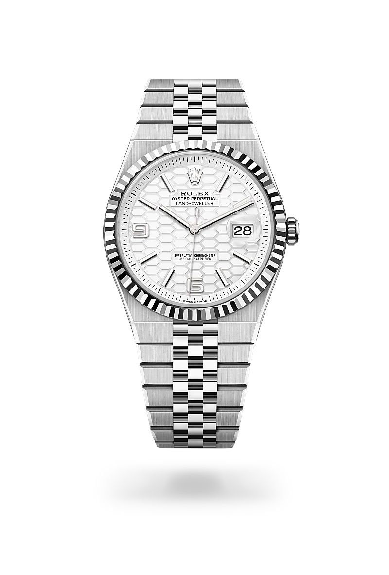 rolex land-dweller in oystersteel and white gold, M127334-0001 - henne jewelers